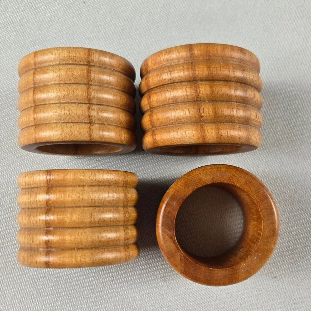 Vintage Set of 4 Ribbed Wooden Napkin Rings Natural Wood Mid Century Modern MCM